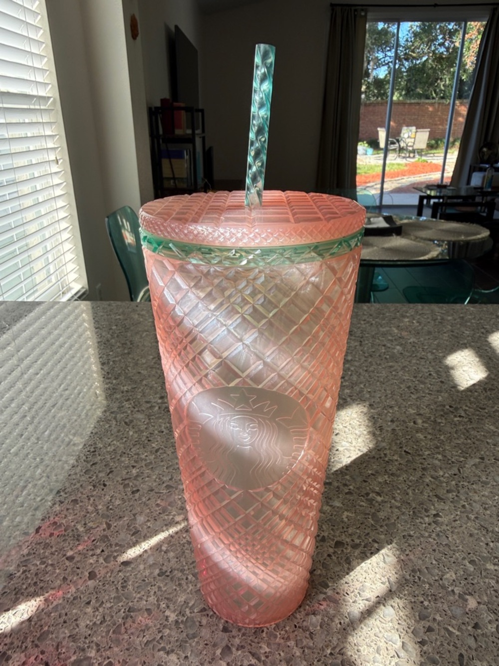 Starbucks Pink Textured Tumbler with Green Accent Straw